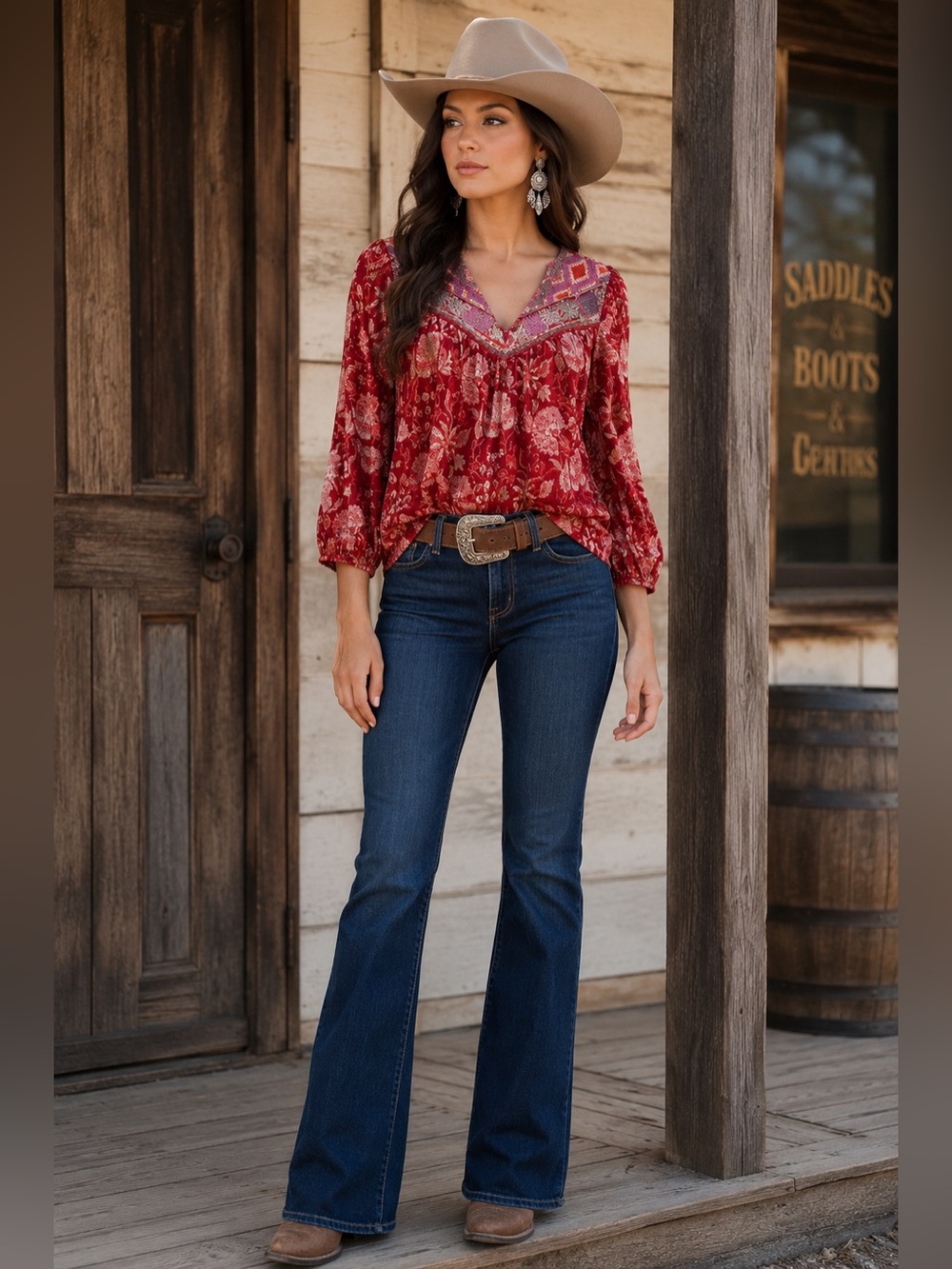Rachel Zoe Red Floral Peasant Blouse with Embroidered V-Neckline small